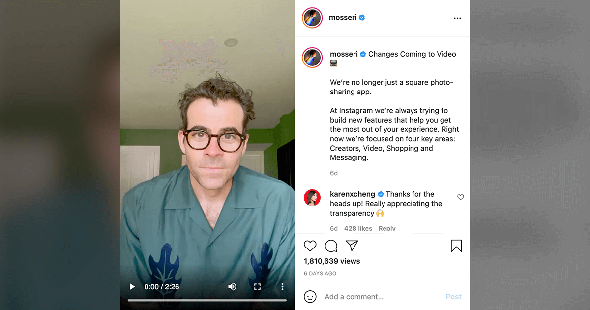 Screenshot of Adam Mosseri's Instagram post announcing that Instagram is 'no longer just a square photo sharing app.'