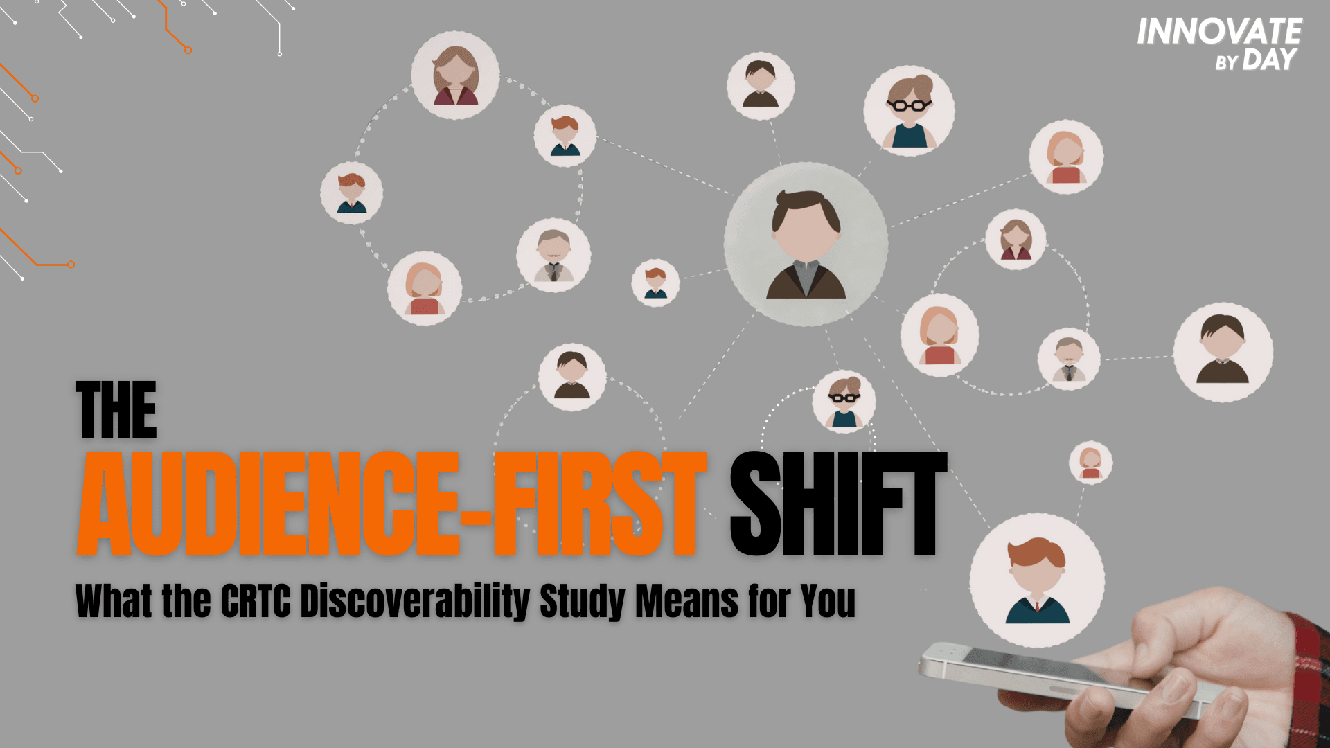 Blog header graphic for the 'Audience-First Shift.' An illustration shows a digital network connecting a phone to various audience members, symbolizing meaningful connection. Text reads: 'The Audience-First Shift: What the CRTC Discoverability Study Means for You.